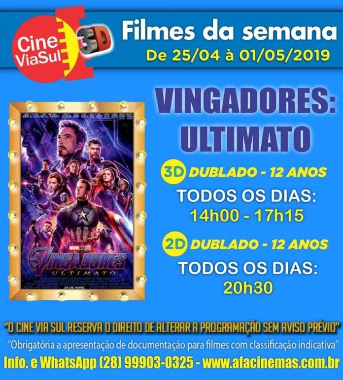 Cine Via Sul em Marataízes: Em cartaz Vingadores Ultimato