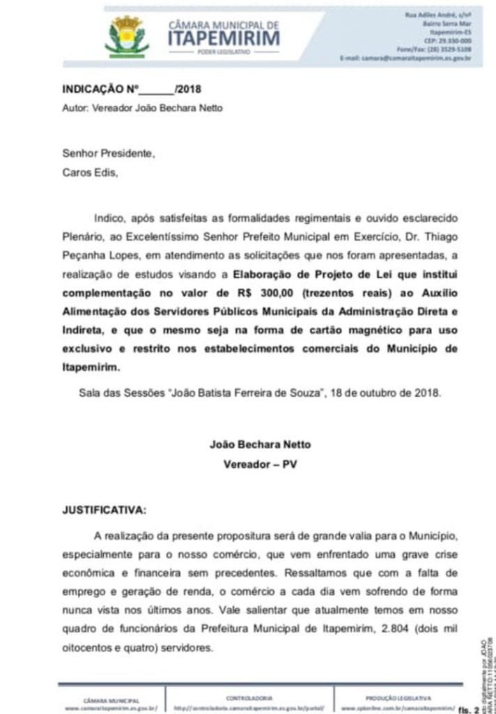 Projeto de Lei Vale Alimentação de Itapemirim