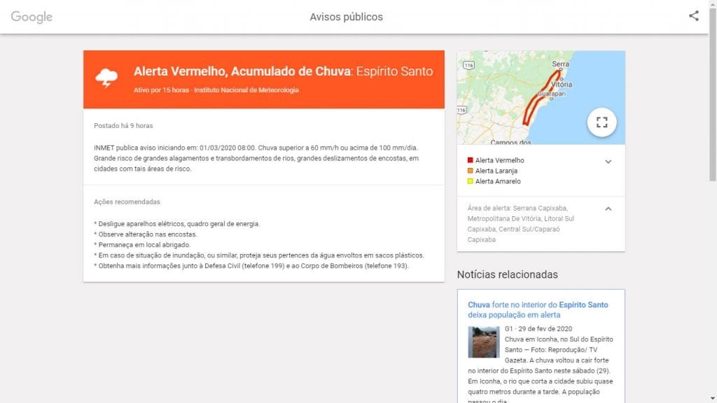 Confira o alerta vermelho para chuvas no Espírito Santo