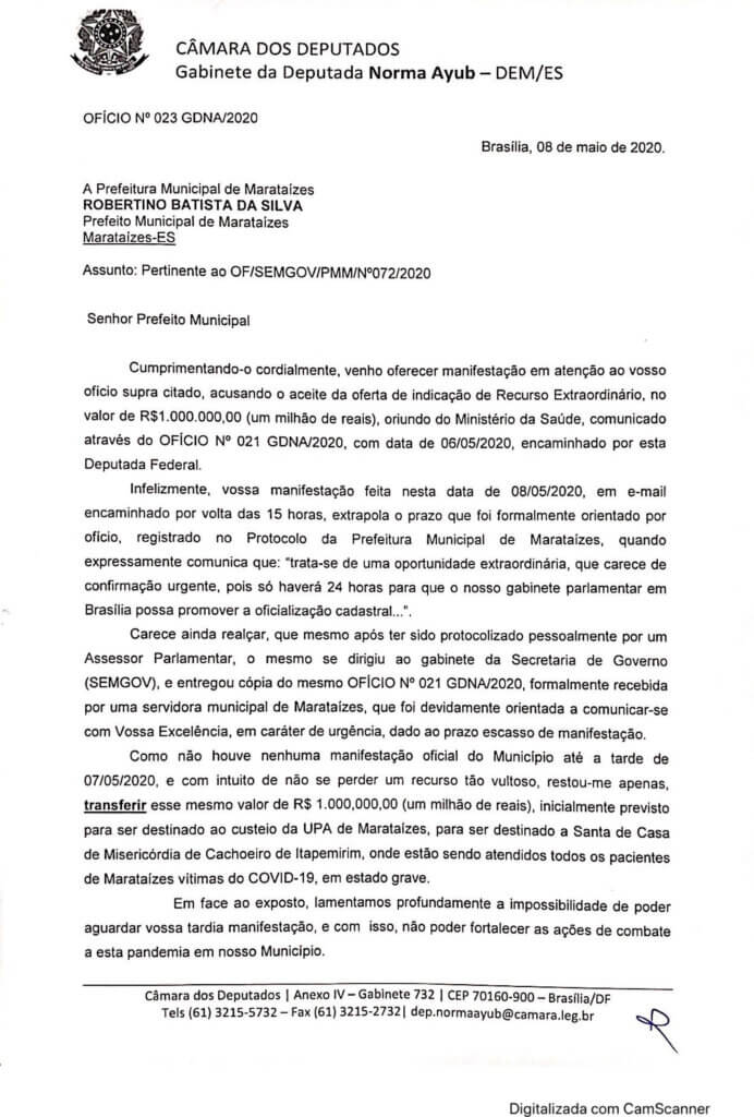 Ofício Gabinete Deputada Federal Norma Ayub ao Prefeito de Marataízes Tininho Batista - 01