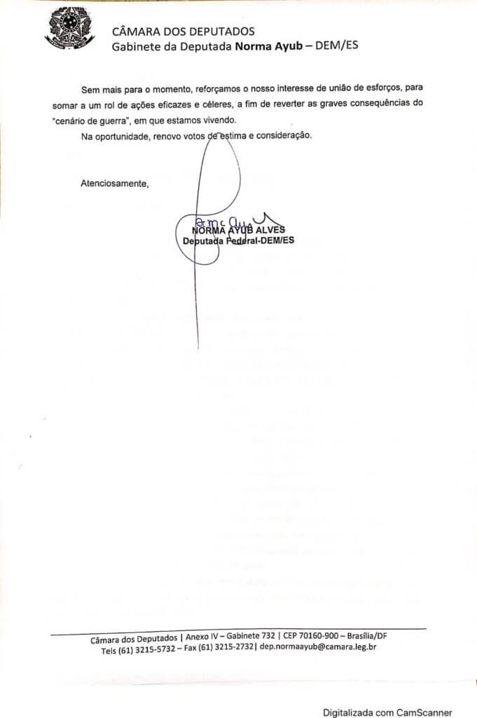 Ofício Gabinete Deputada Federal Norma Ayub ao Prefeito de Marataízes Tininho Batista - 02