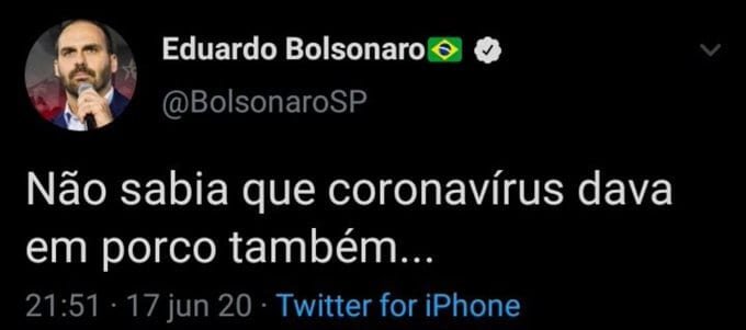 Eduardo Bolsonaro questiona no Twitter se coronavírus dava em porco