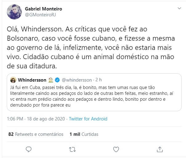 Gabriel Monteiro rebate Whindersson após elogio a Cuba