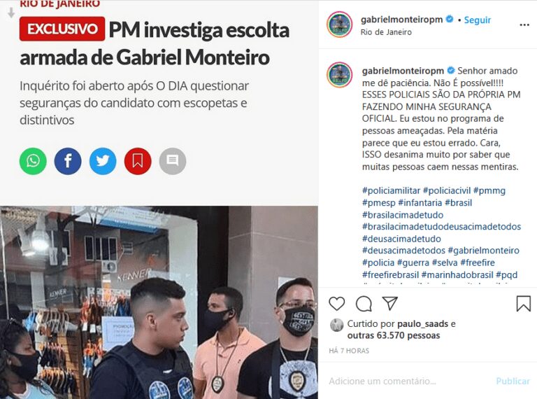 Gabriel Monteiro rebate matéria de jornal sobre sua escolta