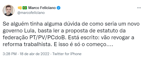 Feliciano critica federação entre o PT, o PV e o PCdoB