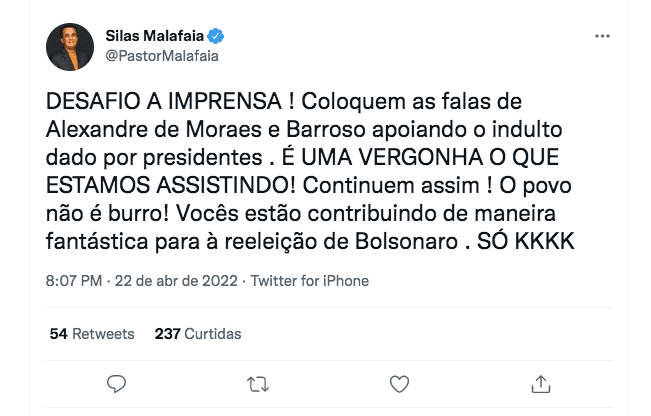 Malafaia desafia imprensa e pede falas de Moraes e Barroso