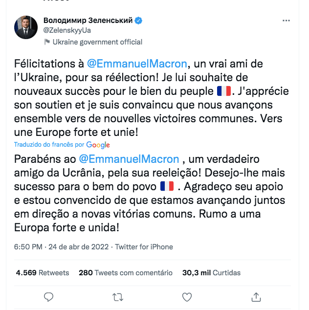Zelensky parabeniza Macron e fala em “Europa forte e unida”