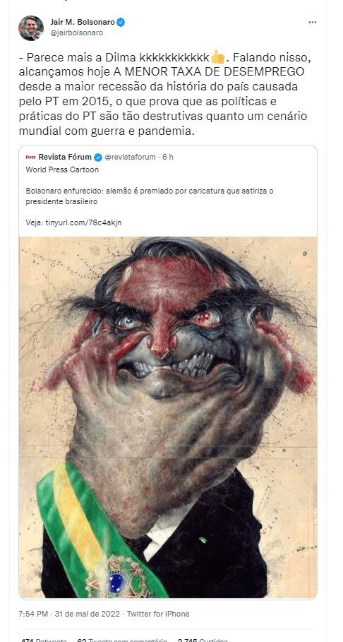 Bolsonaro reage a caricatura: “Parece mais a Dilma”