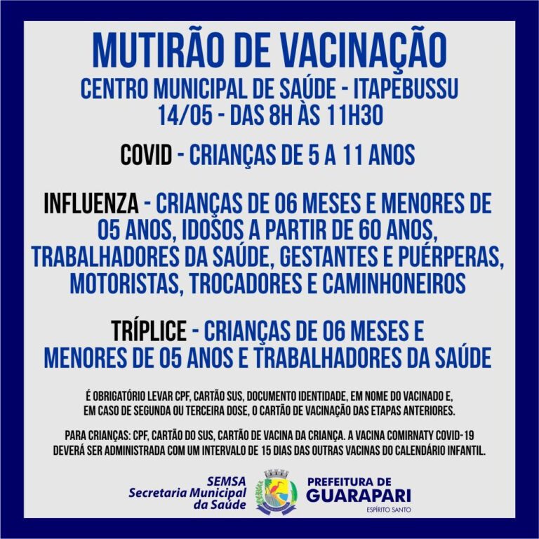 Guarapari realiza mutirão de vacinação contra Covid, Influenza e Tríplice neste sábado
