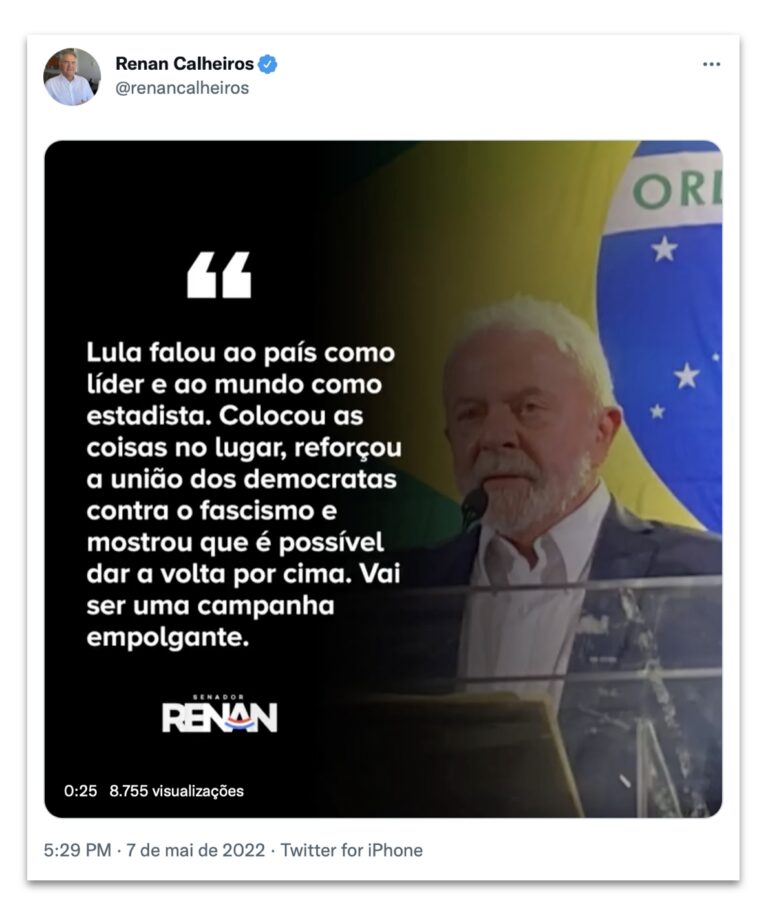 Renan posta jingle do PT e chama Lula de líder e estadista