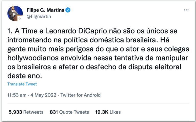 “Time” e Soros conspiram contra o Brasil, diz Filipe Martins