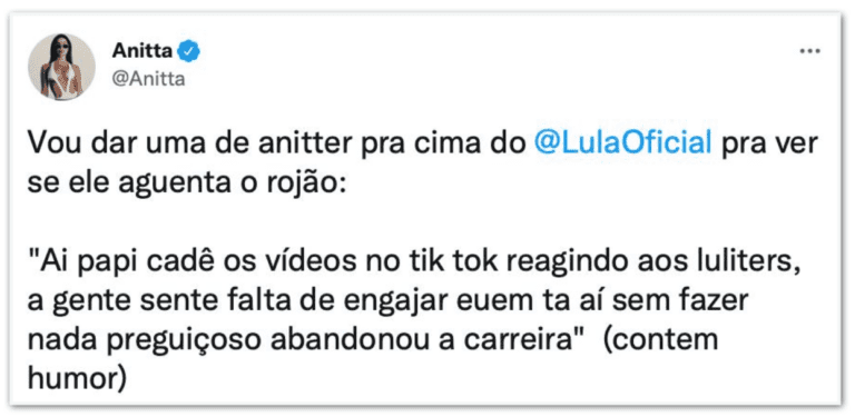 Anitta pede mais conteúdo de Lula no TikTok