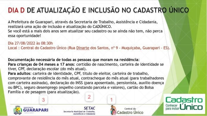Guarapari vai realizar Dia D de Atualização e Inclusão no Cadastro Único