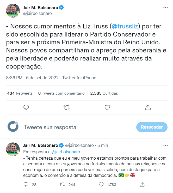 Jair Bolsonaro cumprimenta nova premiê do Reino Unido