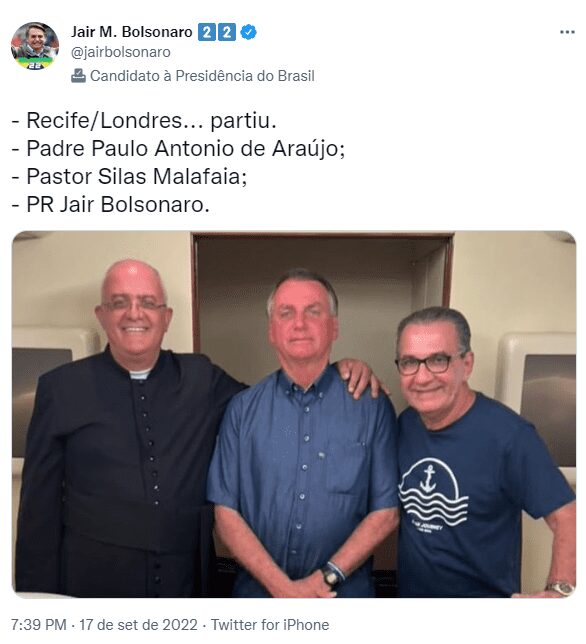 Jair Bolsonaro viaja para o Reino Unido com Malafaia e com padre