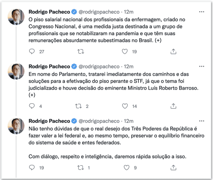 Pacheco diz que irá ao STF para efetivar piso da enfermagem