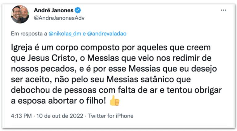 Janones critica pastor e chama Bolsonaro de “messias satânico”