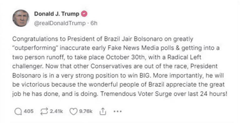 Trump parabeniza Bolsonaro: ‘Posição forte para vitória’