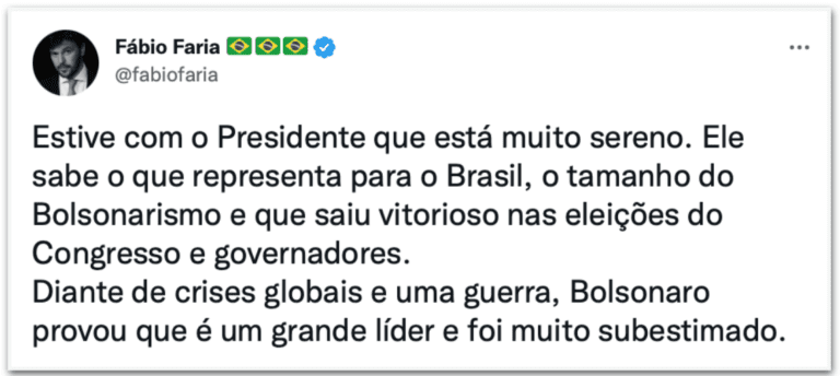 Fábio Faria diz que Bolsonaro "está muito sereno"