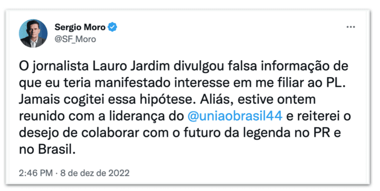 "Jamais cogitei", diz Sergio Moro sobre filiação ao PL