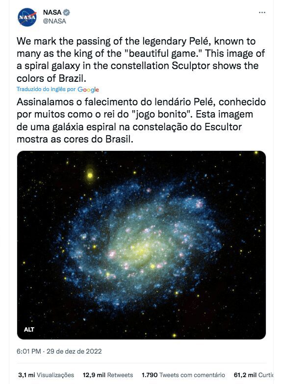 Nasa homenageia Pelé com foto de galáxia com cores do Brasil