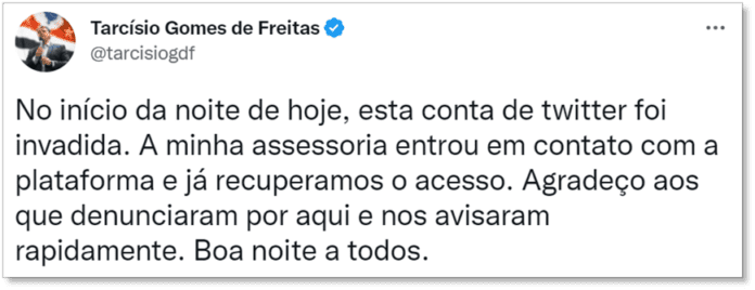 Perfil de Tarcísio de Freitas no Twitter é hackeado