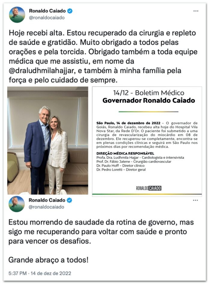 Ronaldo Caiado recebe alta depois de cirurgia cardíaca
