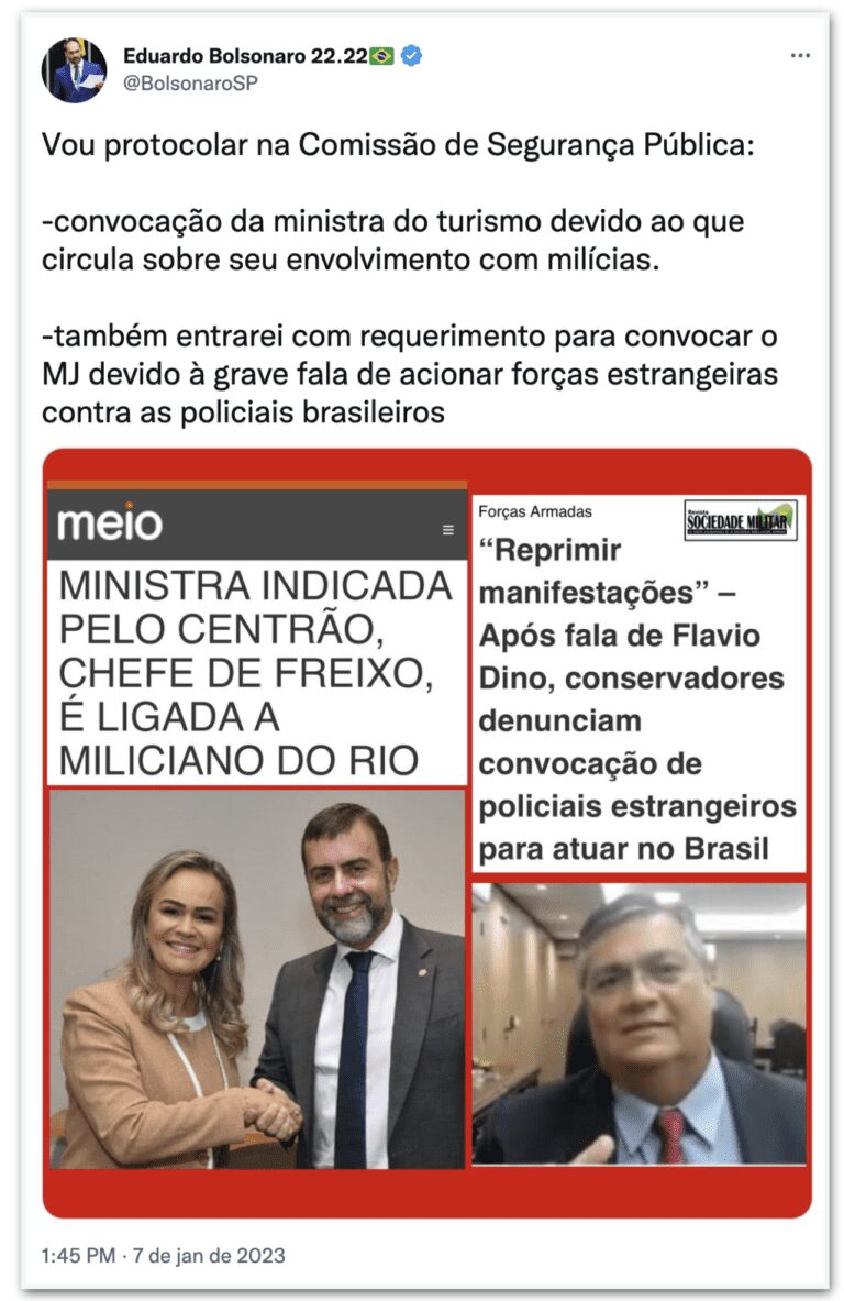 Eduardo Bolsonaro convocará Daniela Carneiro por ligação com milícias