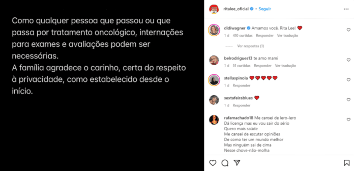 Família de Rita Lee se manifesta sobre internação da cantora