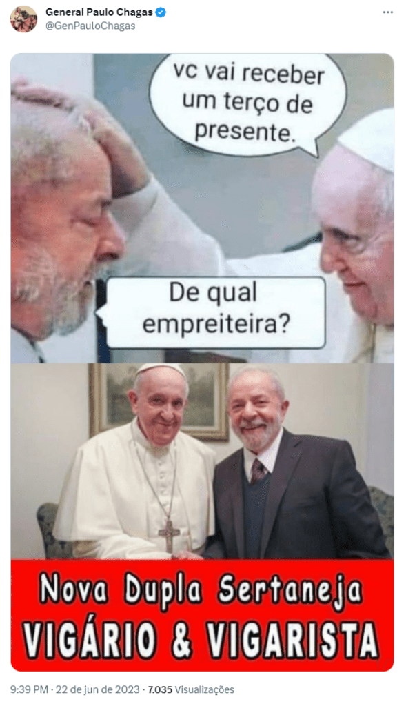Vigário e vigarista: General ironiza foto de Lula com o papa
