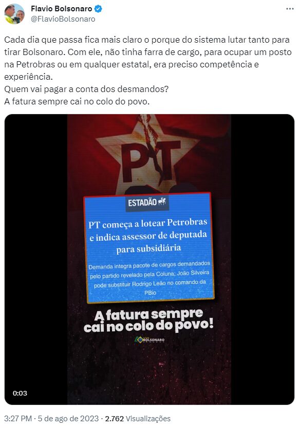 Flávio Bolsonaro critica PT por “farra de cargos” na Petrobras